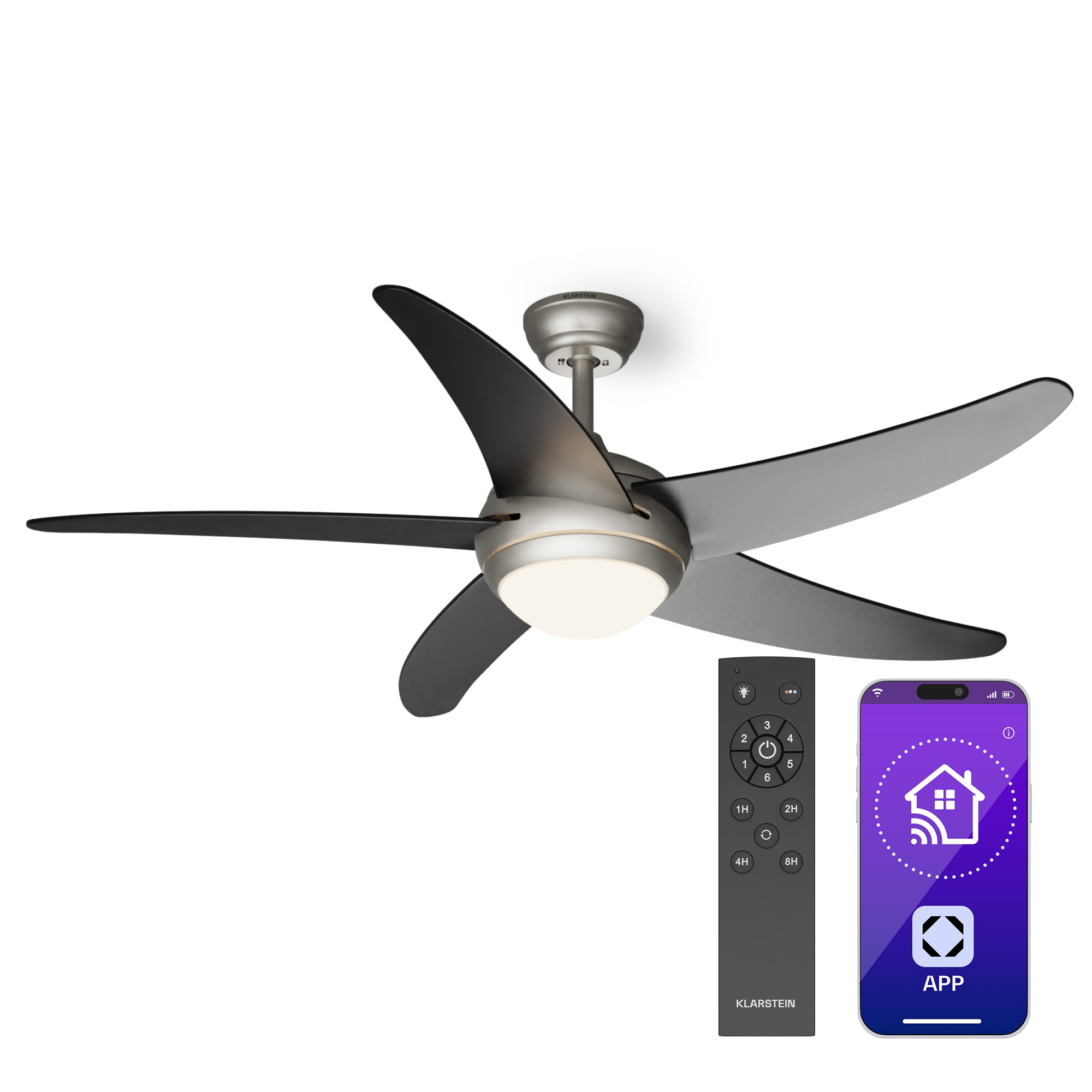 Klarstein Bolero 2 az 1-ben Smart, mennyezeti ventilátor, Ø 132 cm, fény 55 W, távirányító, vezérlés applikáción keresztül, 2 menetirány