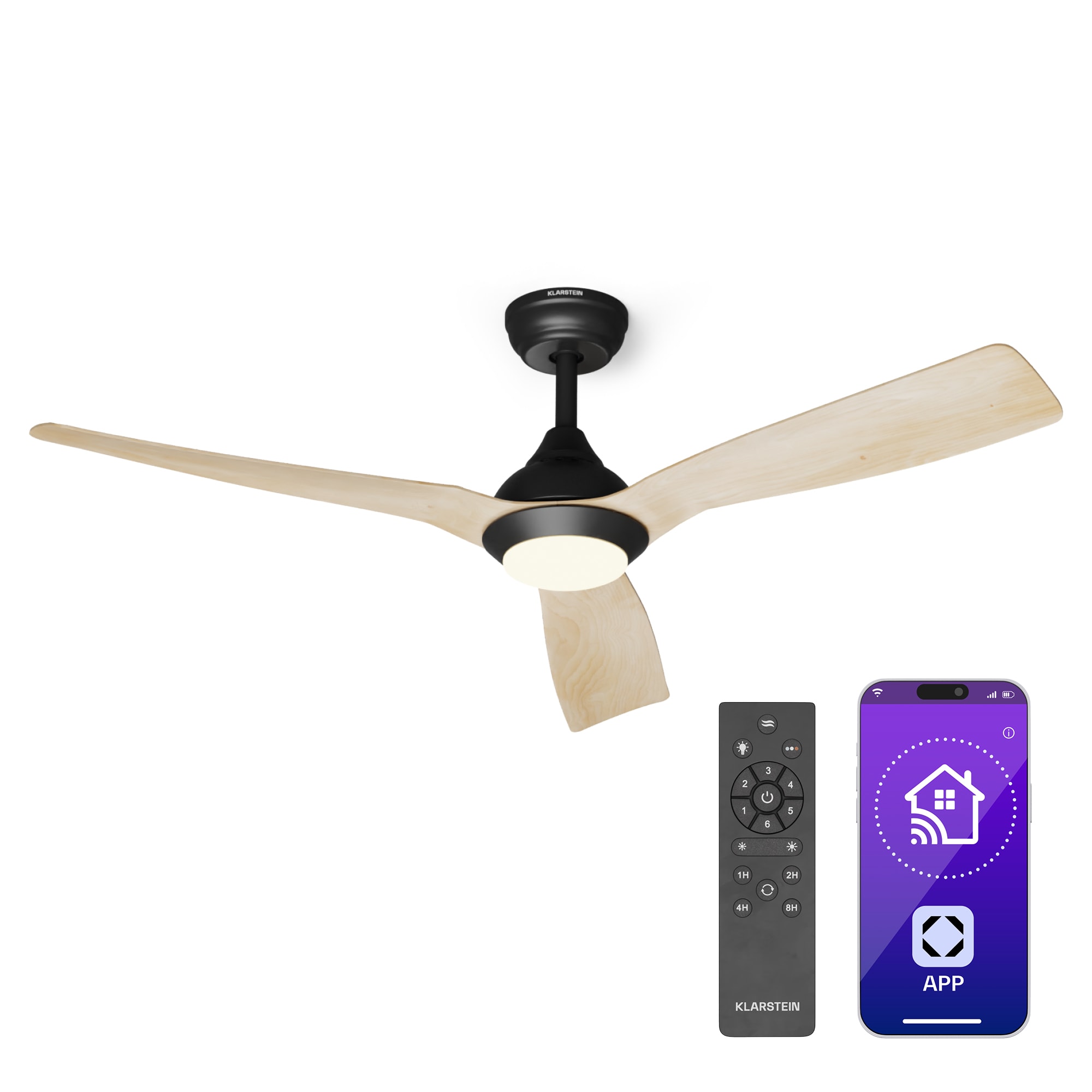 Klarstein Fiji Flow 2 az 1-ben Smart, mennyezeti ventilátor, Ø 132 cm, LED lámpa, távirányító, vezérlés applikáción keresztül, 2 menetirány