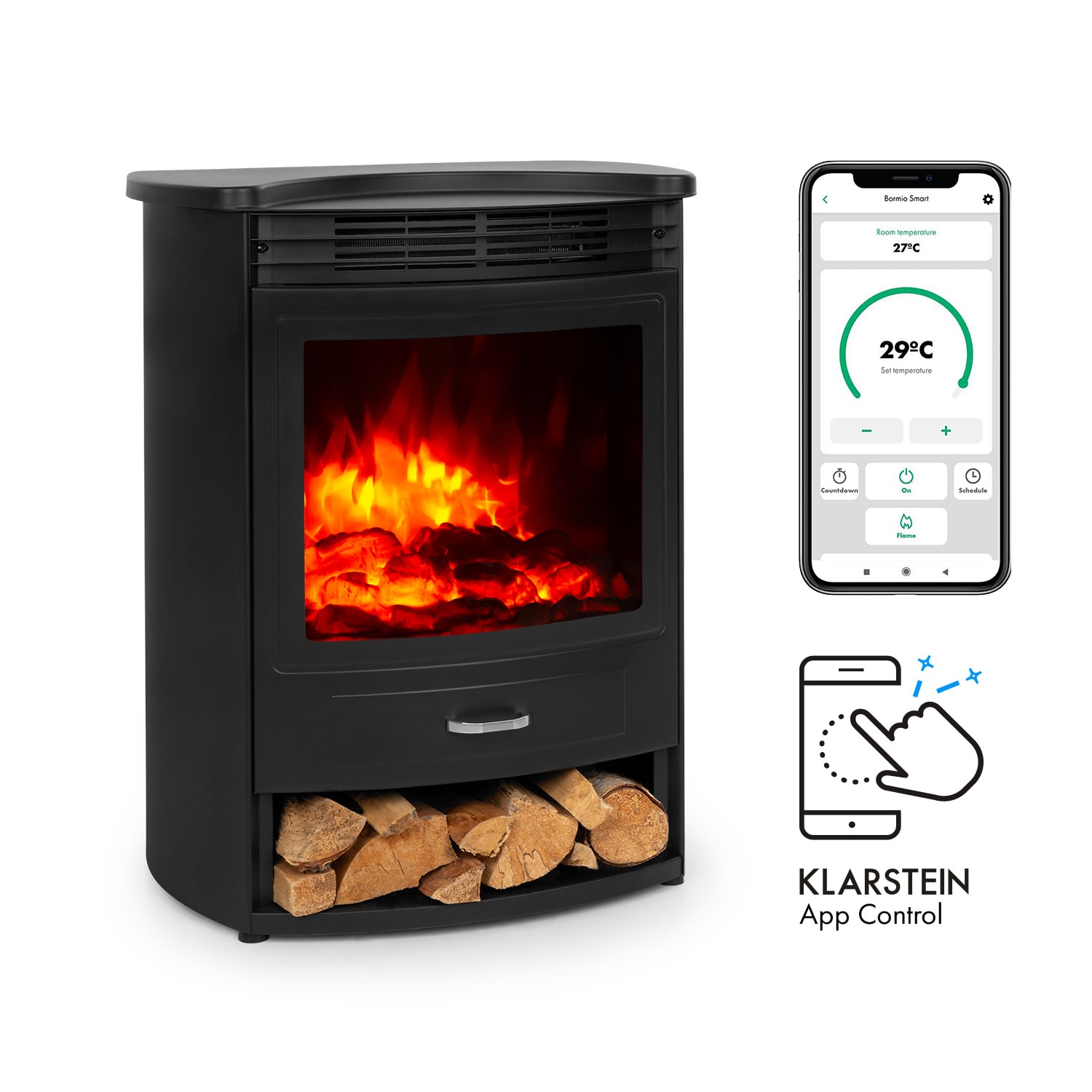 Klarstein Bormio S Smart, elektromos kandalló, 900/1800 W, termosztát, heti időzítő, fekete